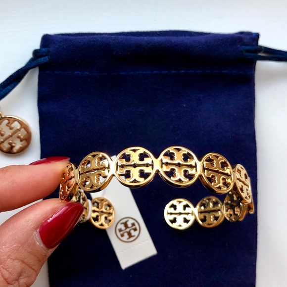 Tory Burch Gold Logo Cuff Shiny Brass Bracelet NEW - Picture 6 of 7